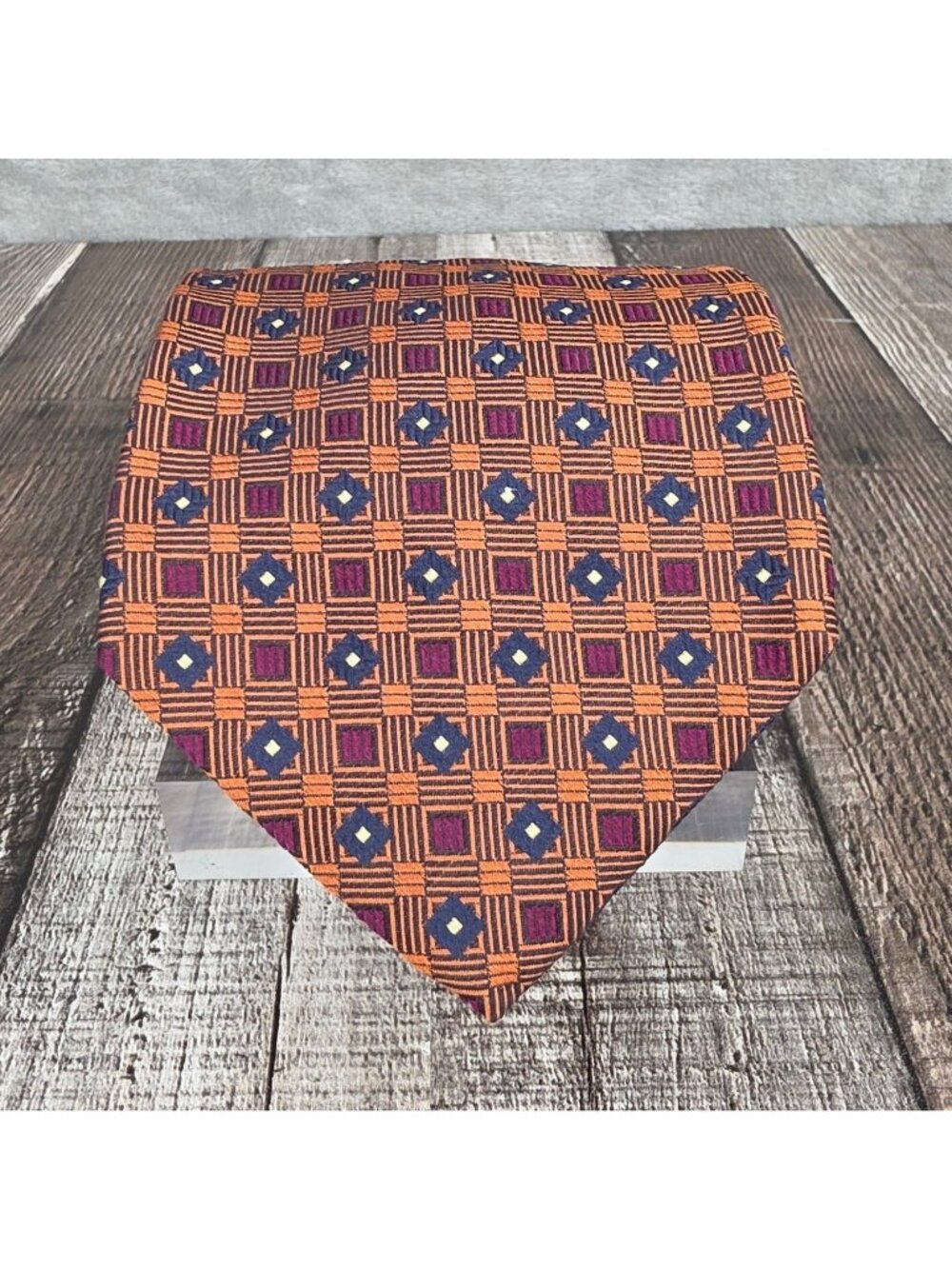 Nautica Vintage 100% Silk Tie Multicolor Copper USA Made Geometric Deadstock NOS